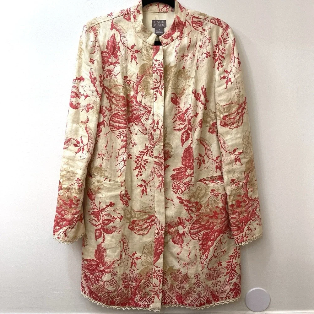 Sigrid Olsen Linen Coat Cream Coral Embroidery‎ Mandarin Collar Medium